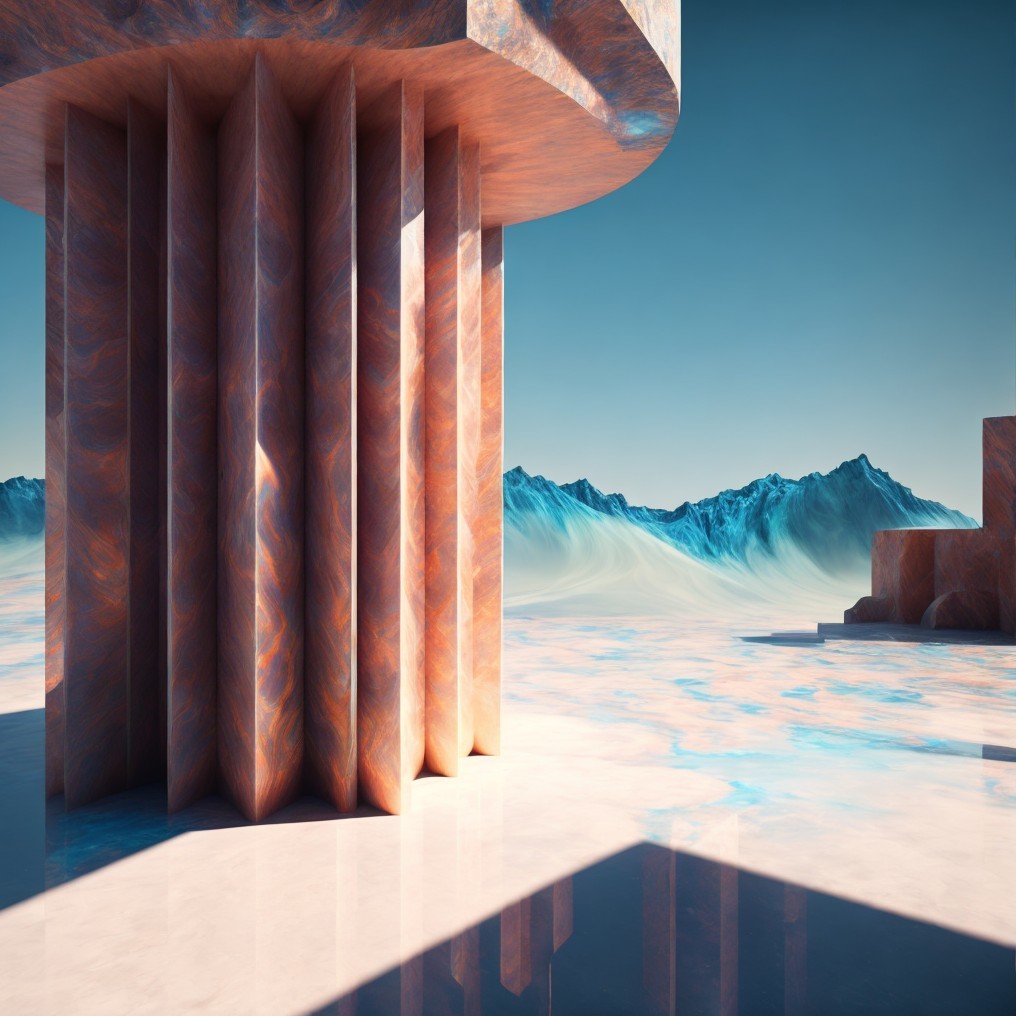 Surreal Landscape with Polished Column and Mountains