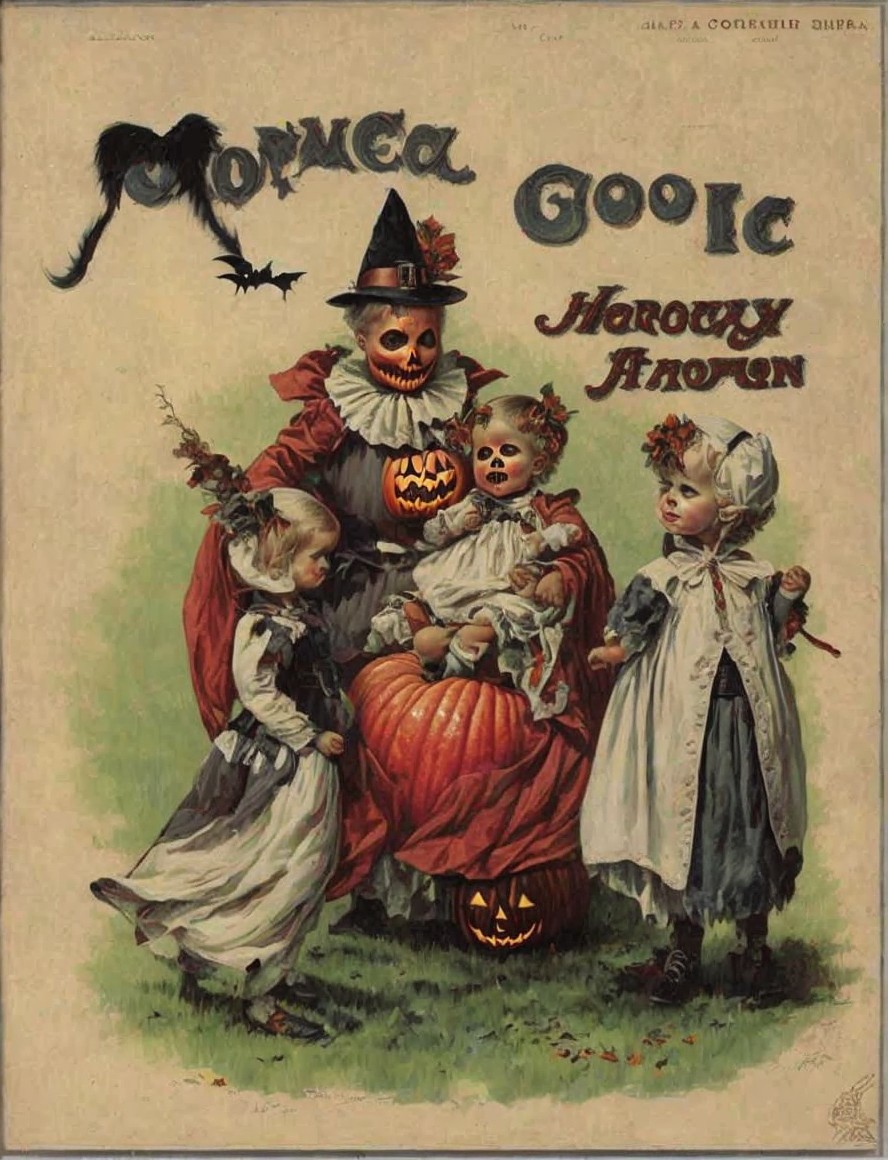 Whimsical Halloween Illustration with Vintage Costumes