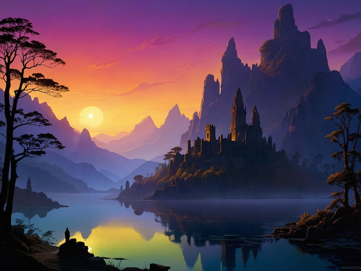 Fantasy Landscape with Castle and Sunset Reflection