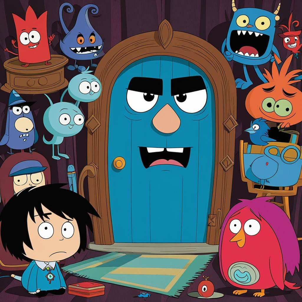 Animated Scene with Quirky Characters and Blue Door