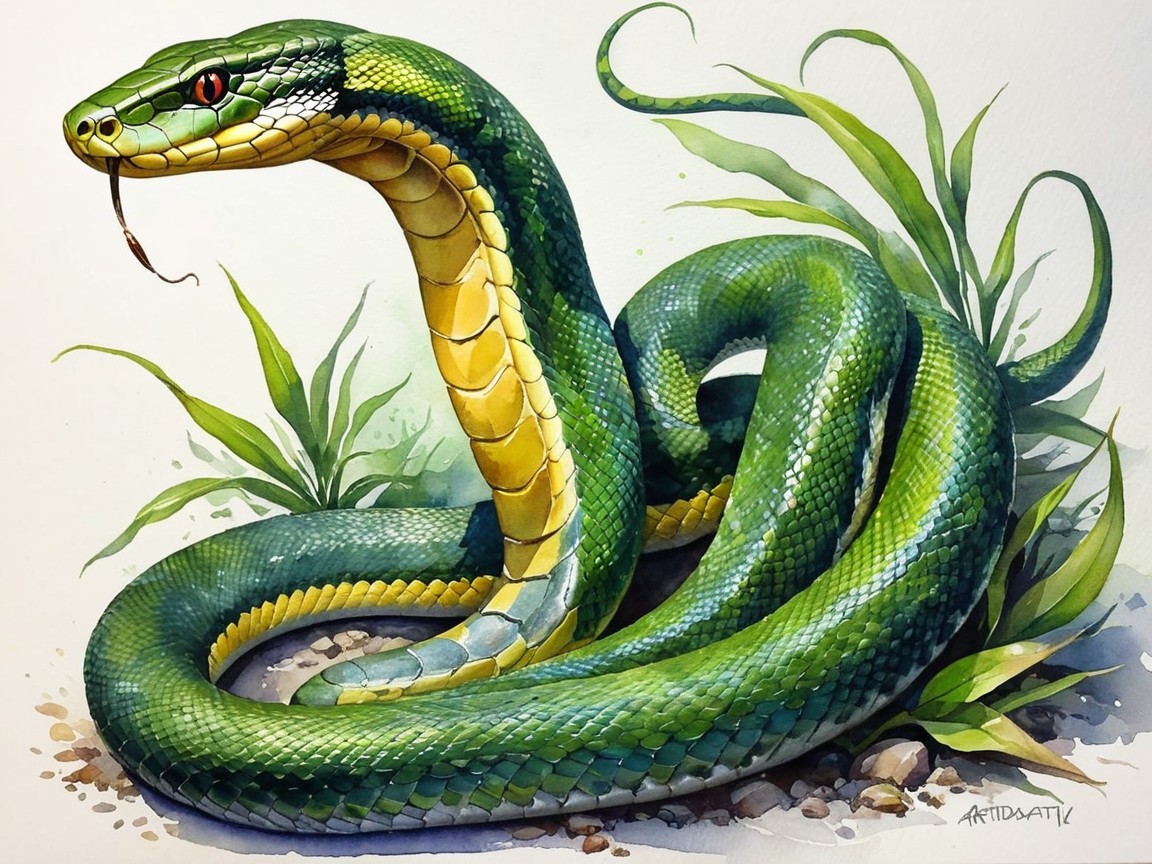 Vibrant Green Snake Among Lush Vegetation Illustration
