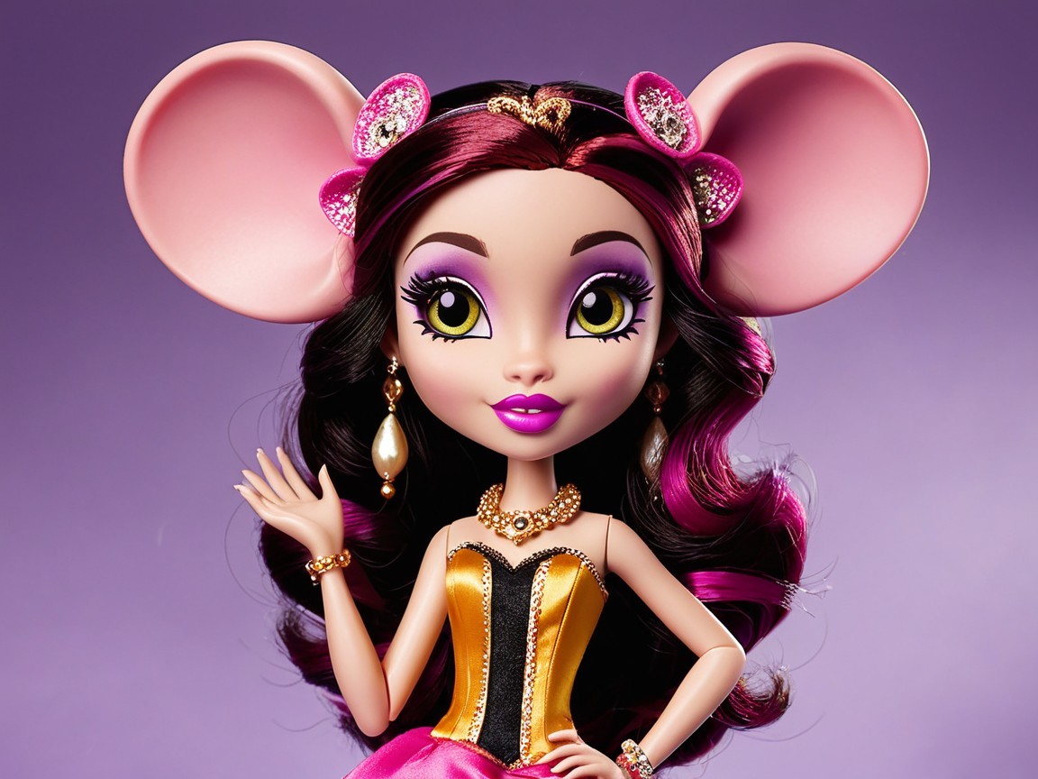 Whimsical Doll with Pink Mouse Ears and Purple Eyes