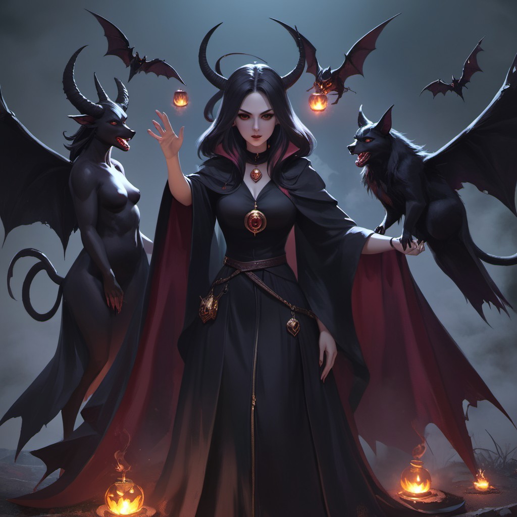 Powerful sorceress in dark robe with bat-like creatures