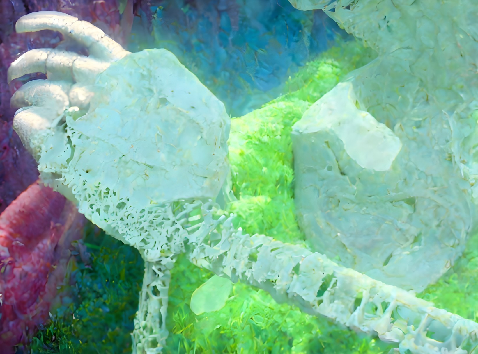 Skeletal Hands Intertwined with Green Foliage