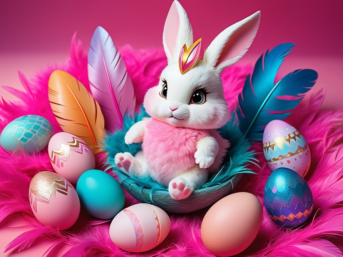 Plush White Bunny in Colorful Easter Nest Setting