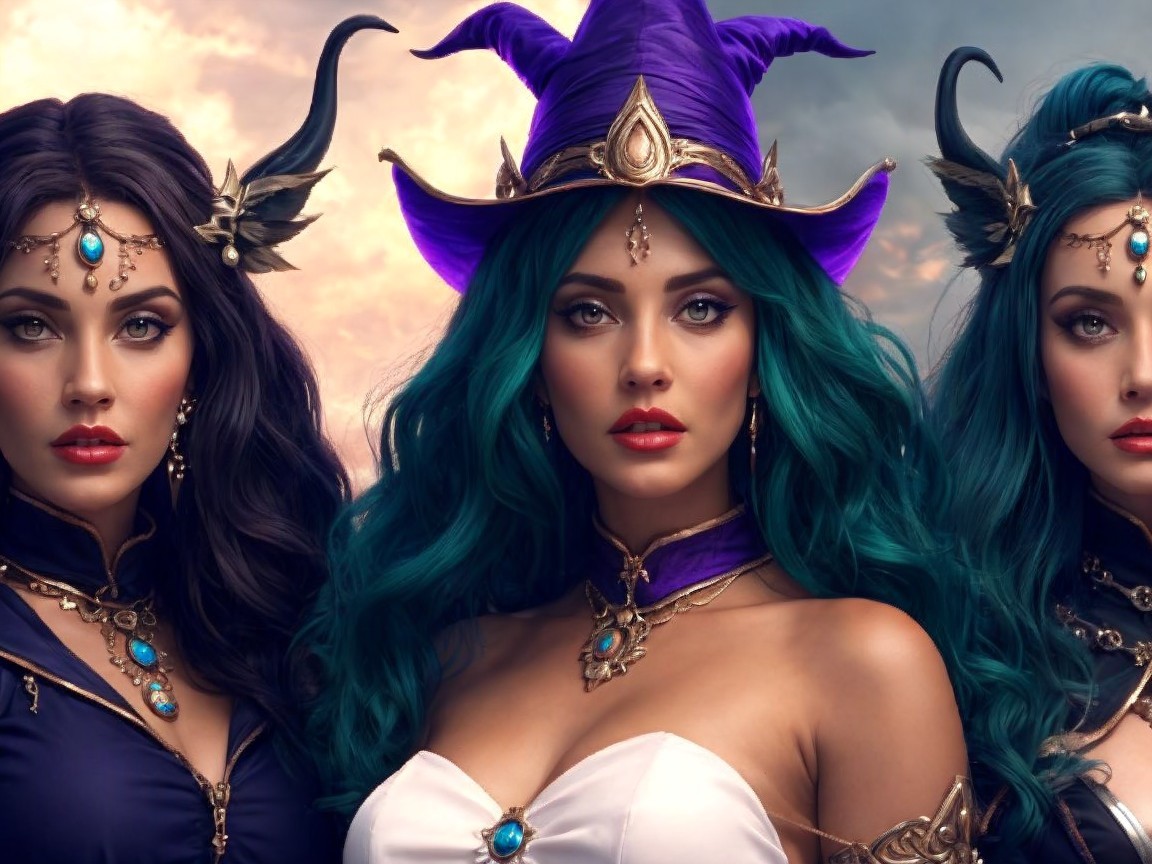 Enchanting Women in Mystical Attire Under Colorful Sky