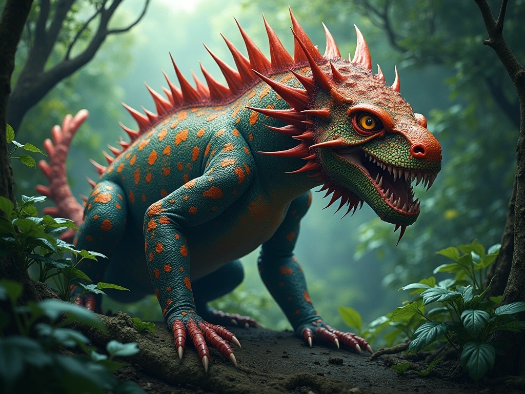 Mythical Lizard Creature in Lush Green Forest