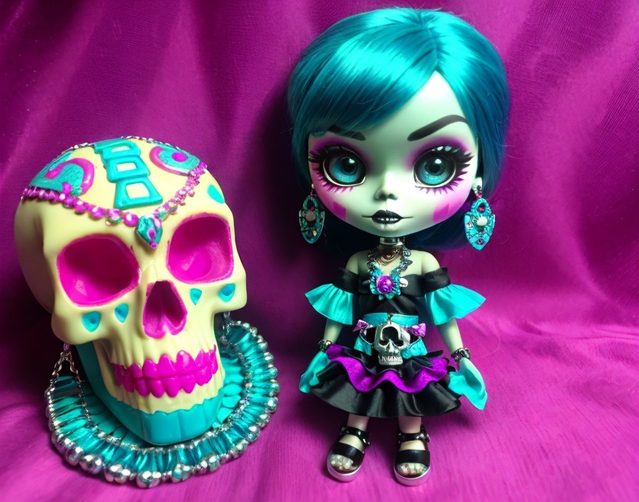 Vibrant Doll with Teal Hair and Colorful Skull Decor