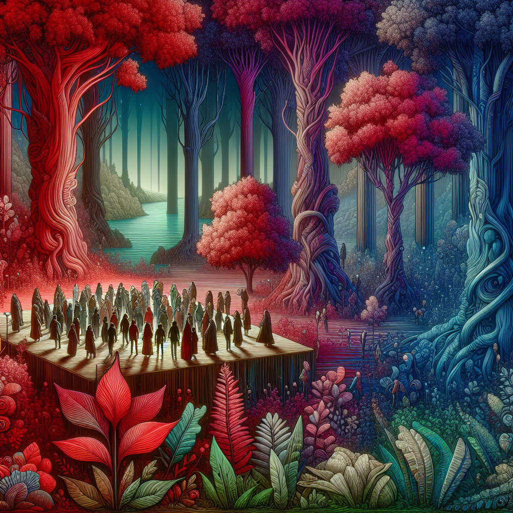 Mystical Gathering on a Wooden Stage in a Forest