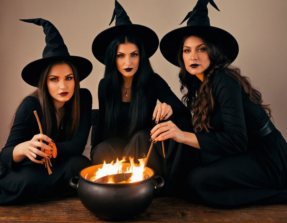 Three Witches Stirring a Cauldron in Dark Attire