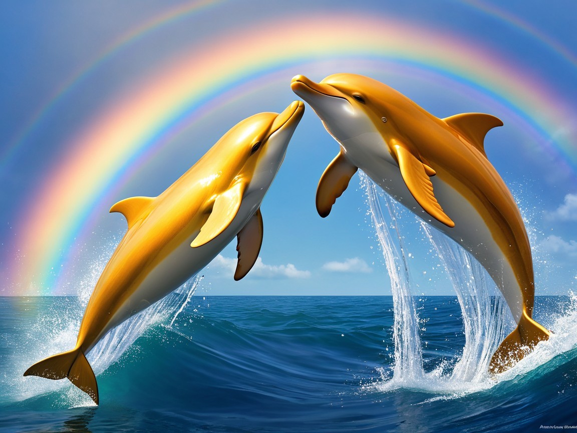 Golden dolphins leaping under a vibrant rainbow sky