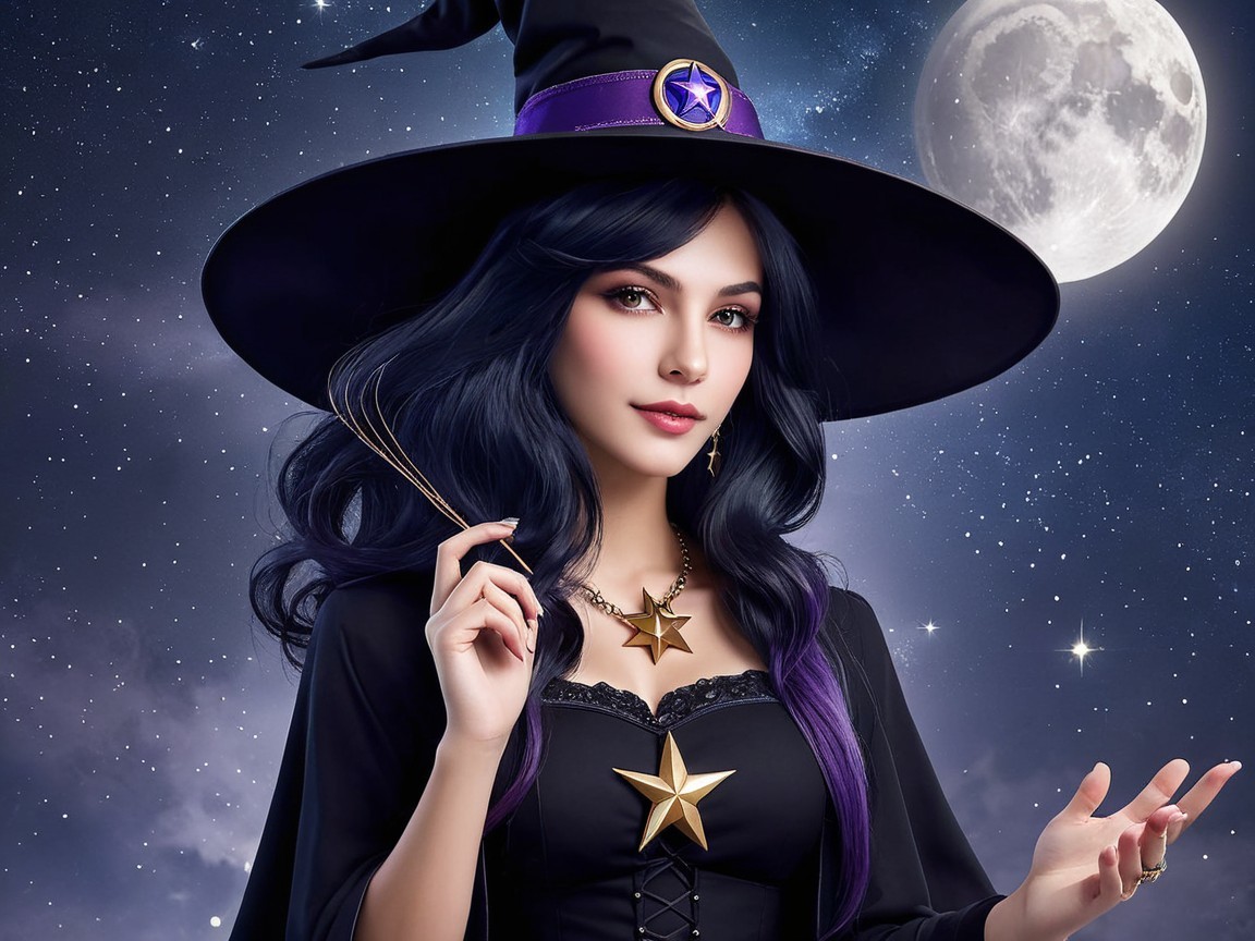Young Woman in Witch Costume Under Starry Night Sky