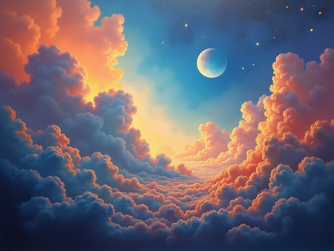 Sky with Orange and Pink Clouds and Blue Moon