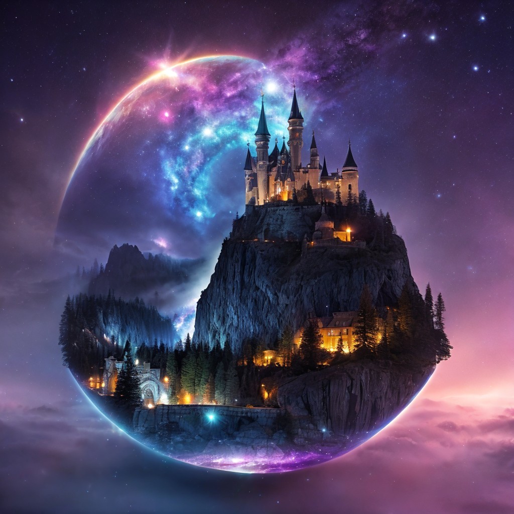 Castle on Rocky Mountain with Cosmic Backdrop