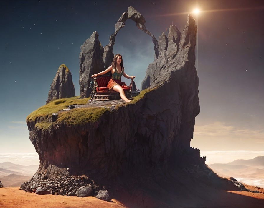 Serene Figure on Red Chair in Dreamlike Landscape