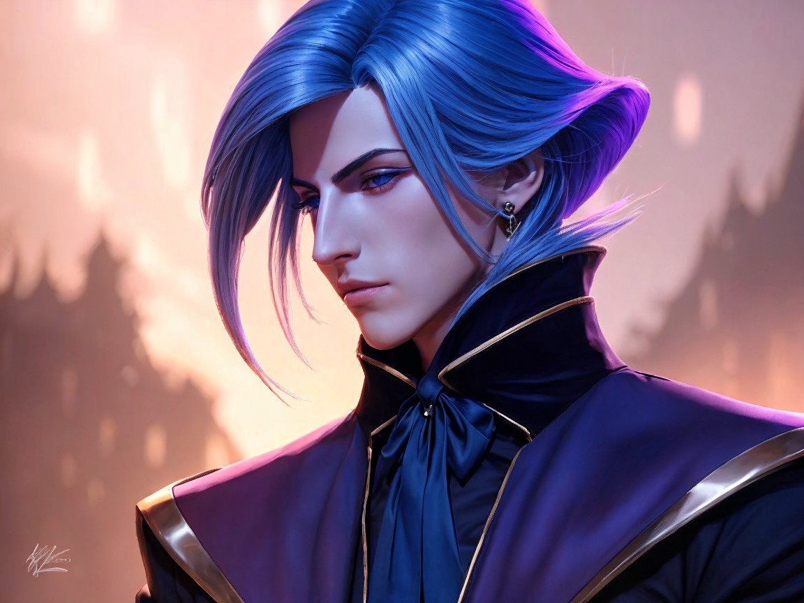 Character with Long Blue Hair in Regal Outfit