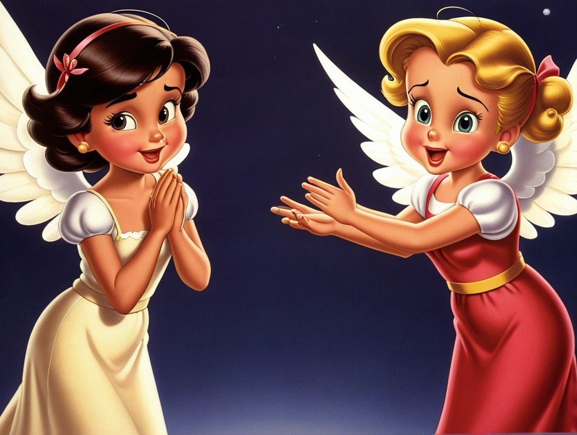 Animated girls with angelic features in starry backdrop