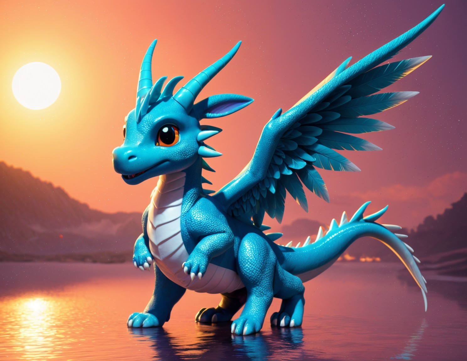 Blue Dragon by Serene Lake at Sunset