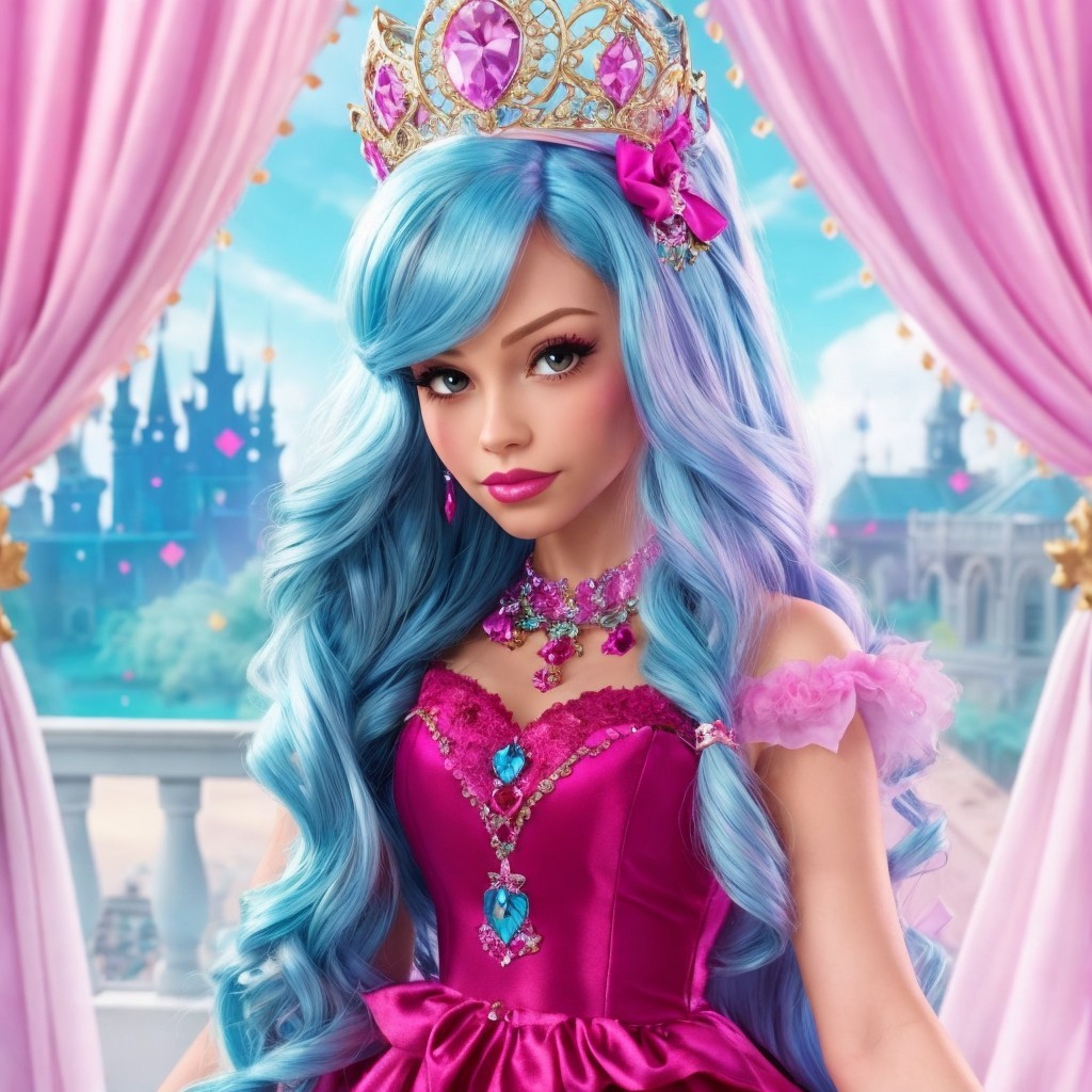 Princess with Turquoise Hair and Fuchsia Gown