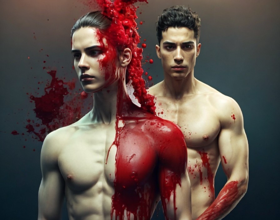 Muscular Male Figures in Dramatic Red and Dark Composition