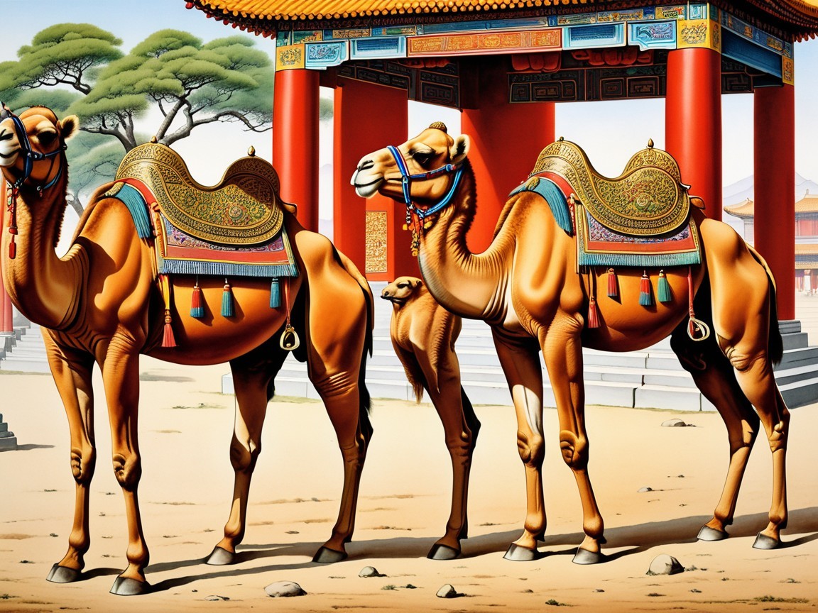 Adorned Camels Under Traditional Decorative Archway