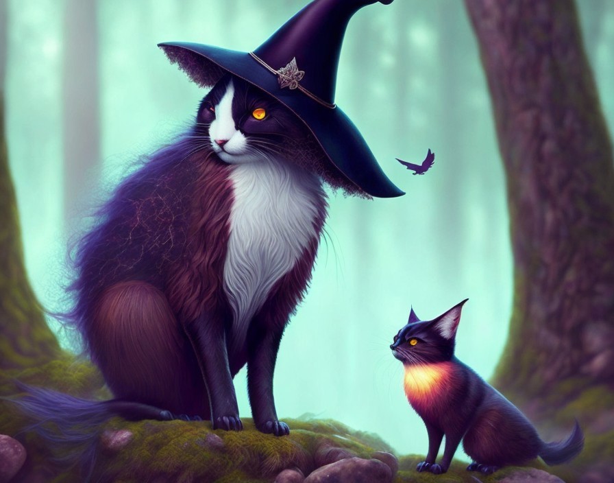 Magical Forest Scene with Enchanted Cats and Light