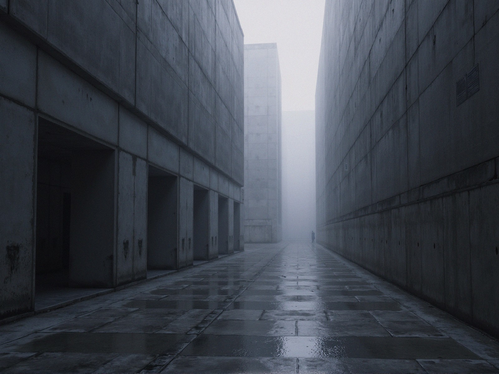 Misty Urban Landscape with Concrete Structures and Fog