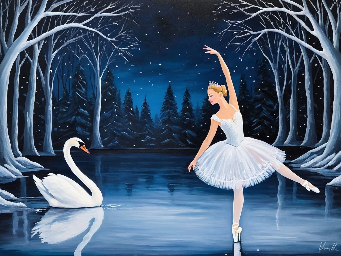 Ballerina in White Tutu by Icy Lake at Night