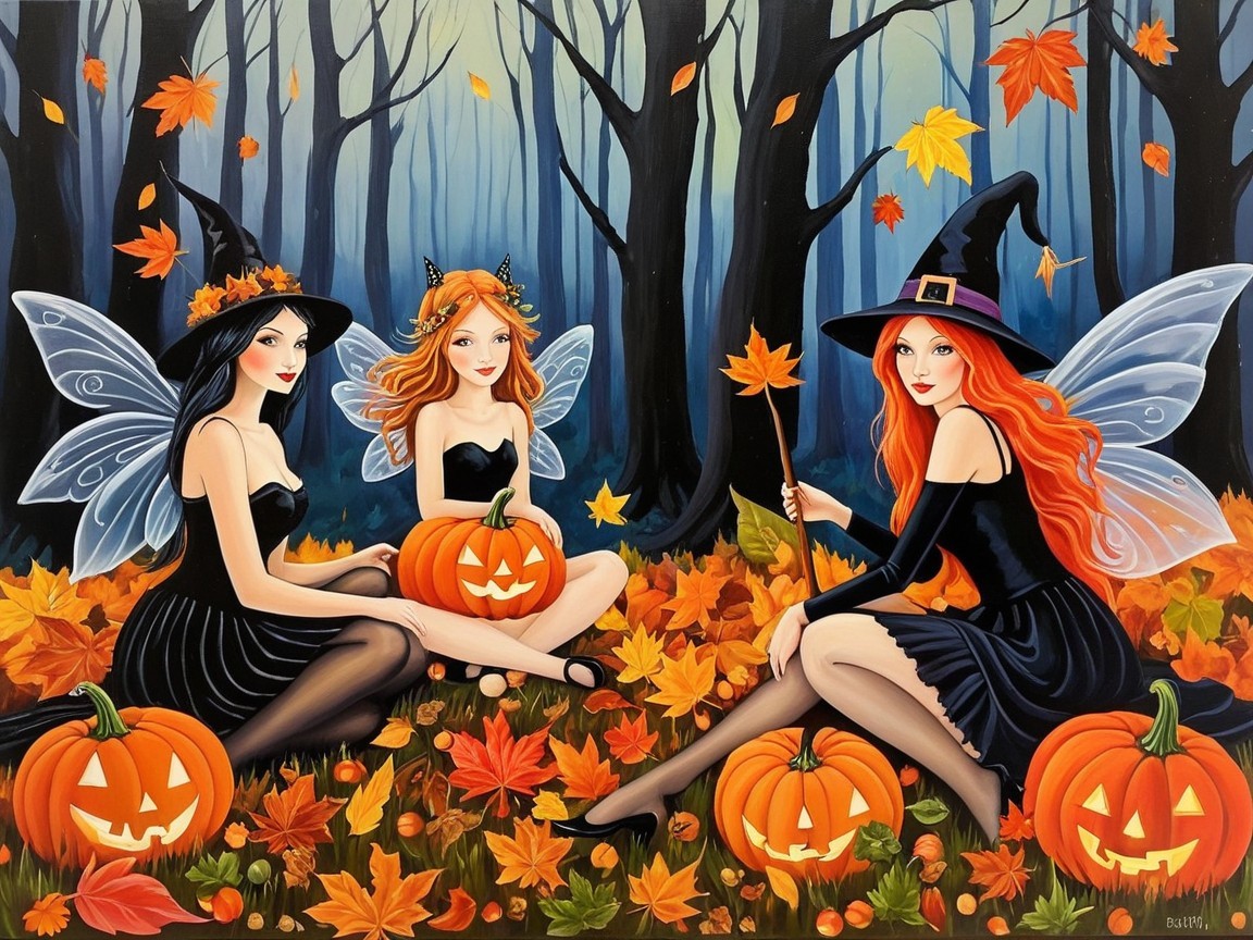 Witches in Enchanted Forest with Autumn Leaves and Pumpkins
