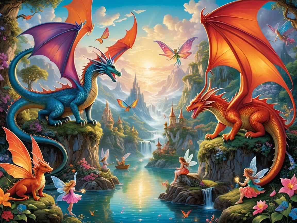 Dragons in a Fantasy Landscape with Fairies and Castles