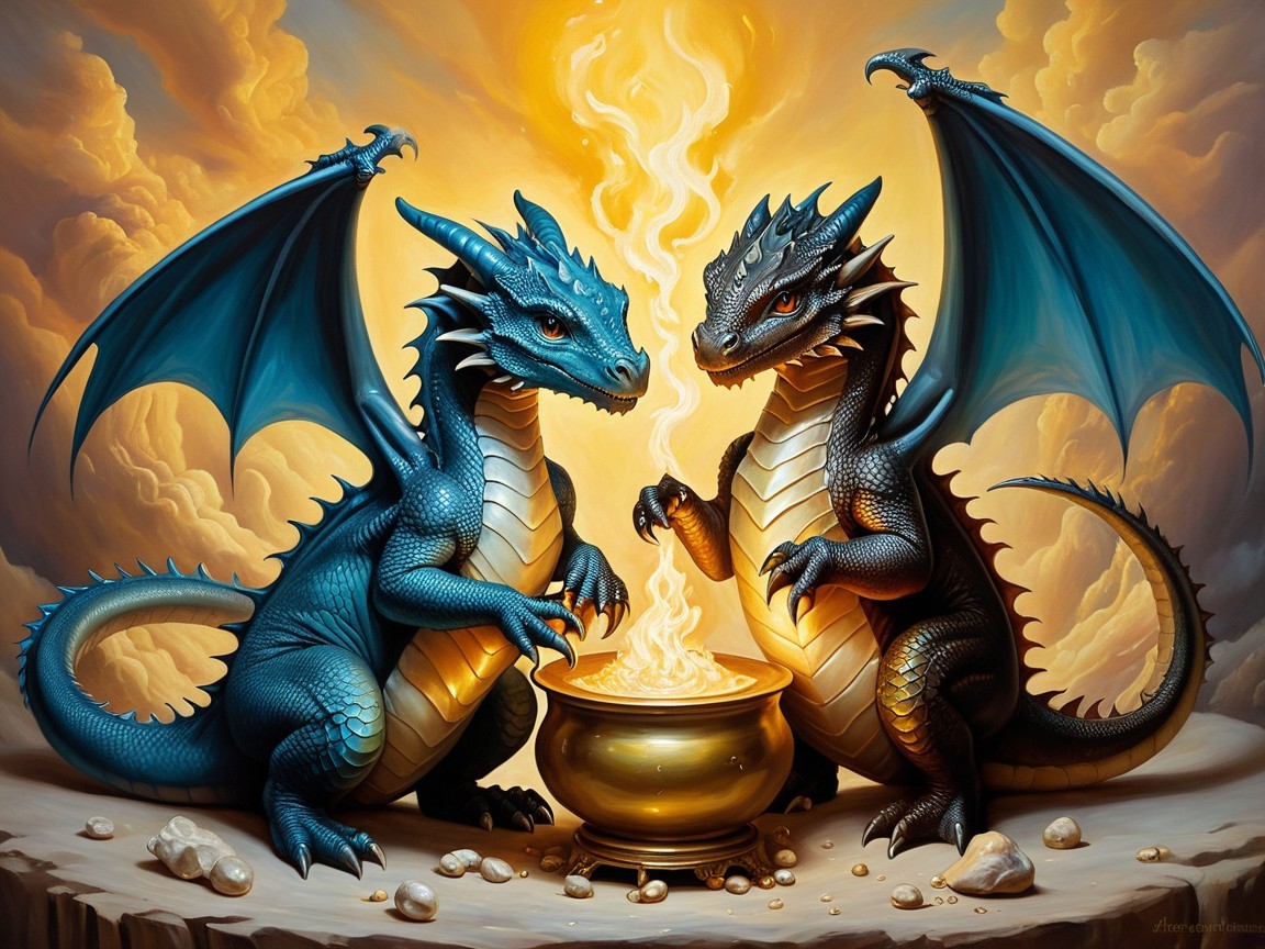 Dragons and Cauldron in Enchanted Cloud Scene