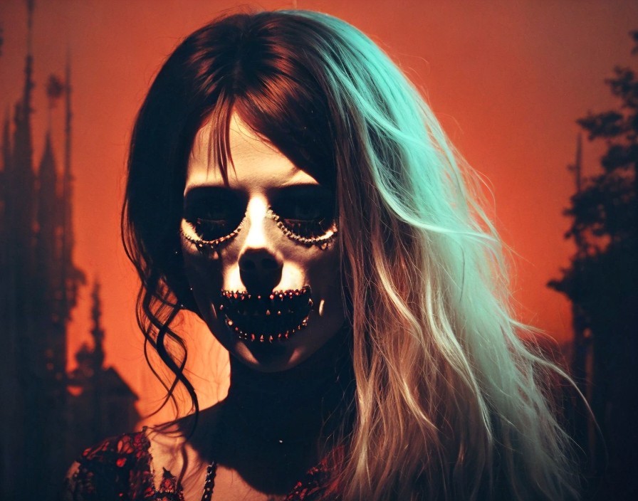 Haunting Figure with Skull Makeup Against Orange Backdrop