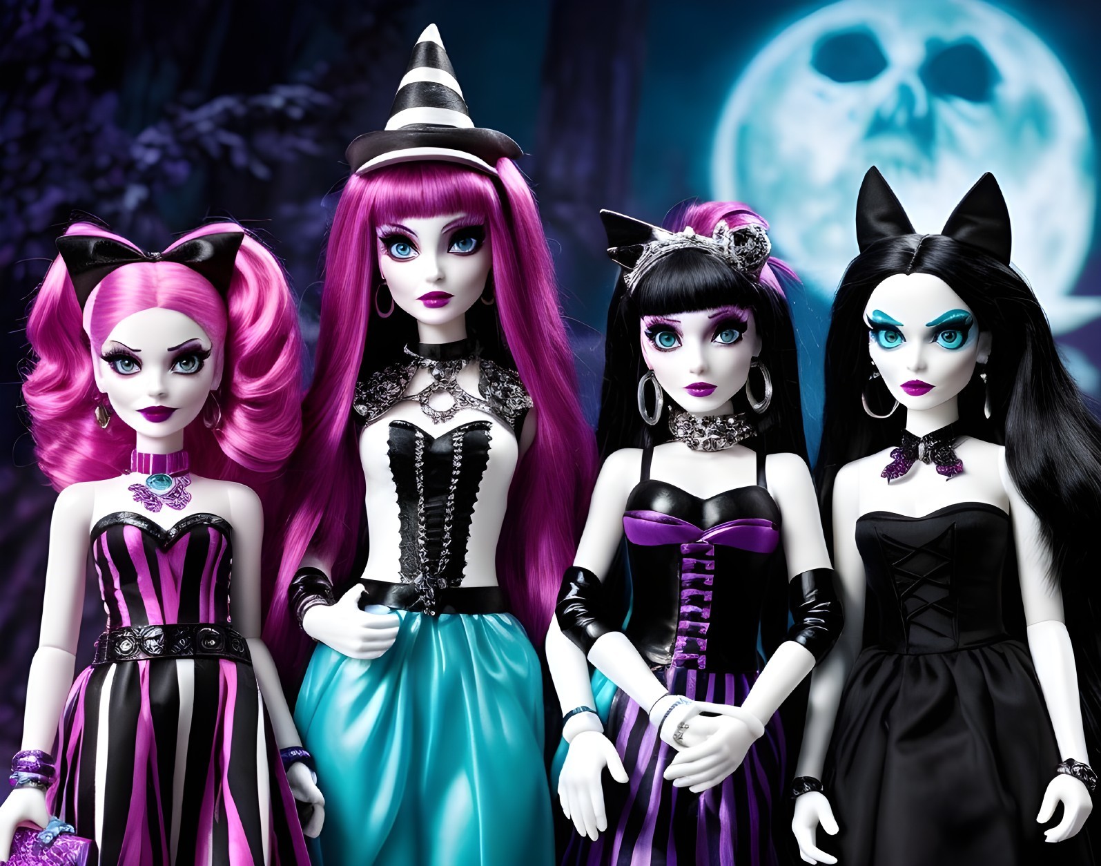 Stylish Dolls in Spooky Moonlit Setting