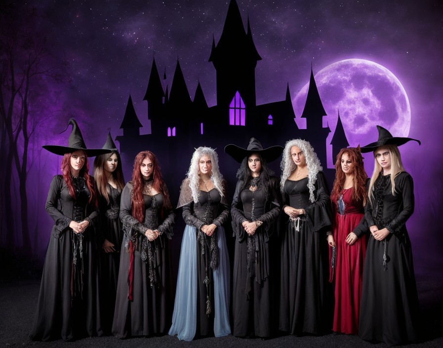 Witches in Black Dresses Before a Silhouetted Castle