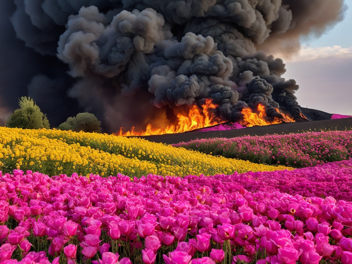 Tulip Fields Contrast with Distant Fire and Smoke