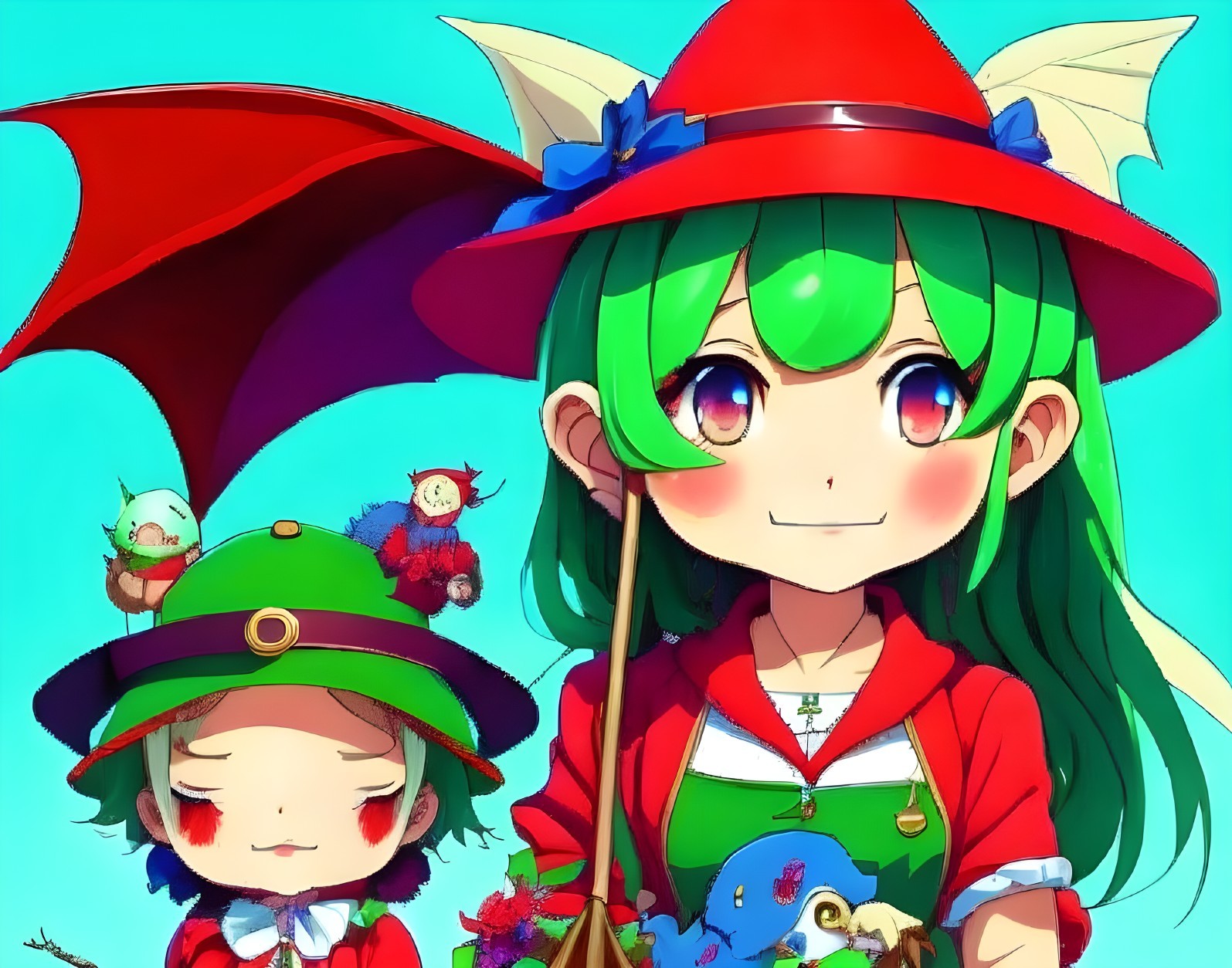 Vibrant Scene with Two Characters and Whimsical Creatures