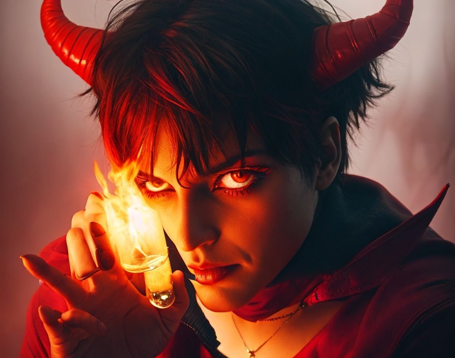 Figure with Red Horns and Glowing Flame Vial