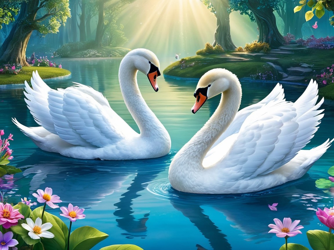 Swans Gliding on a Turquoise Lake in a Serene Setting