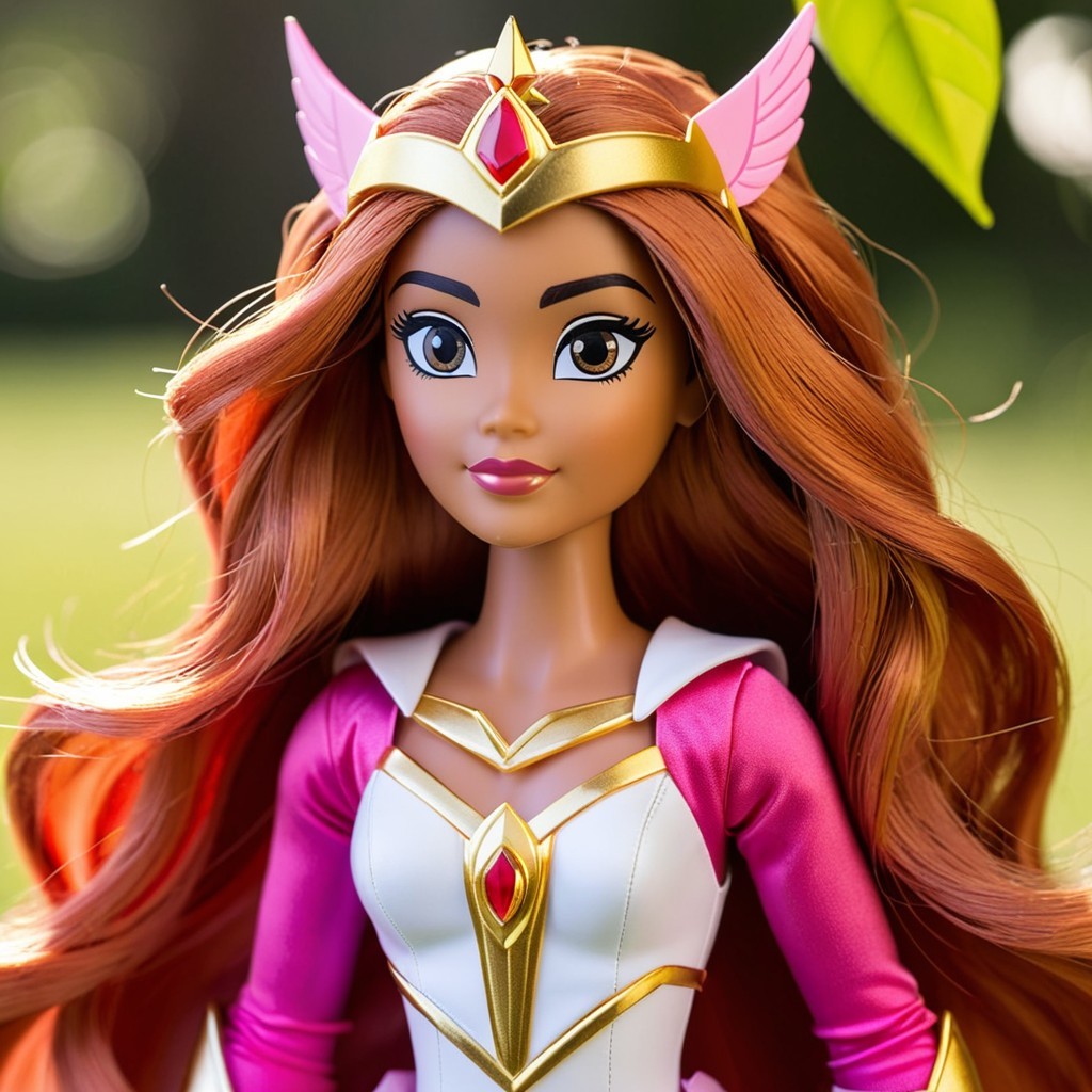 Auburn-haired doll in vibrant pink outfit with wings