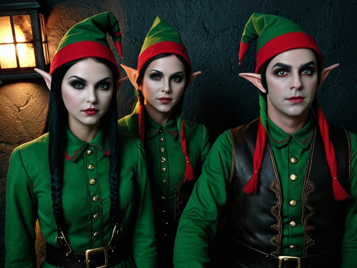 Three Elves in Colorful Outfits with Festive Hats