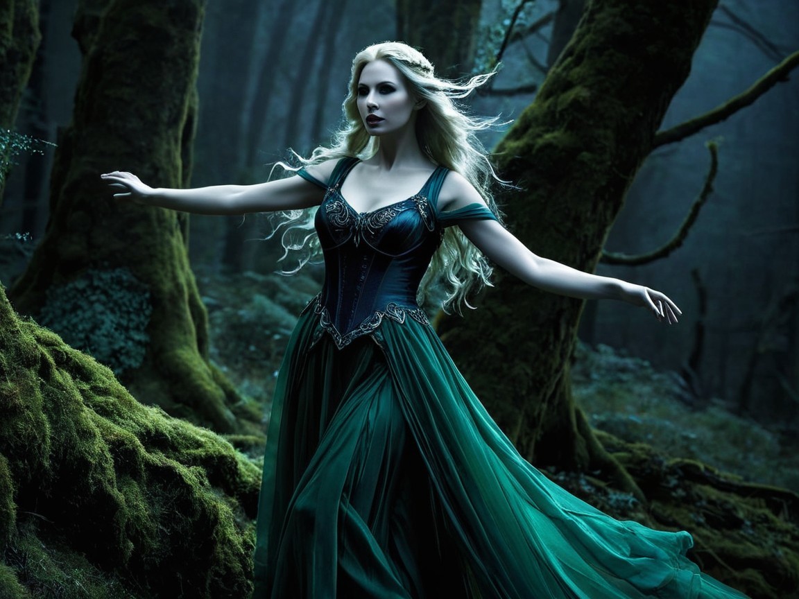 Mystical Figure in Enchanted Forest with Elegant Gown