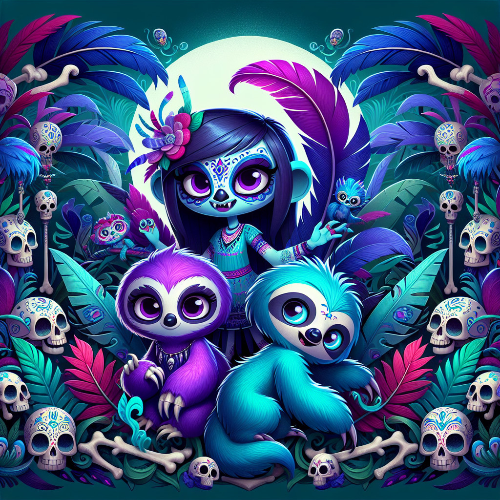 Tropical Whimsy: Colorful Girl and Sloths