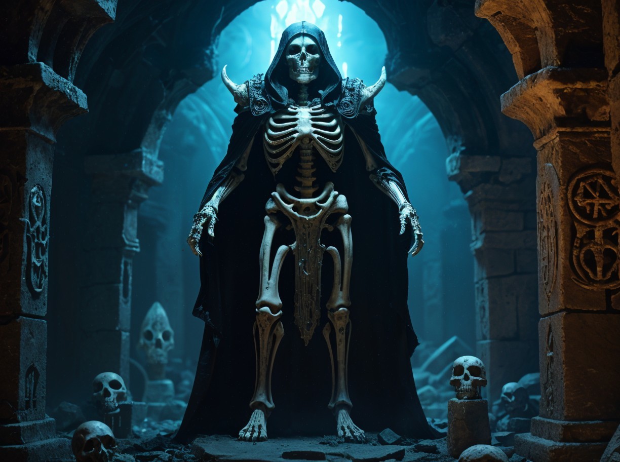 Menacing Skeleton in Ancient Ruin with Eerie Atmosphere