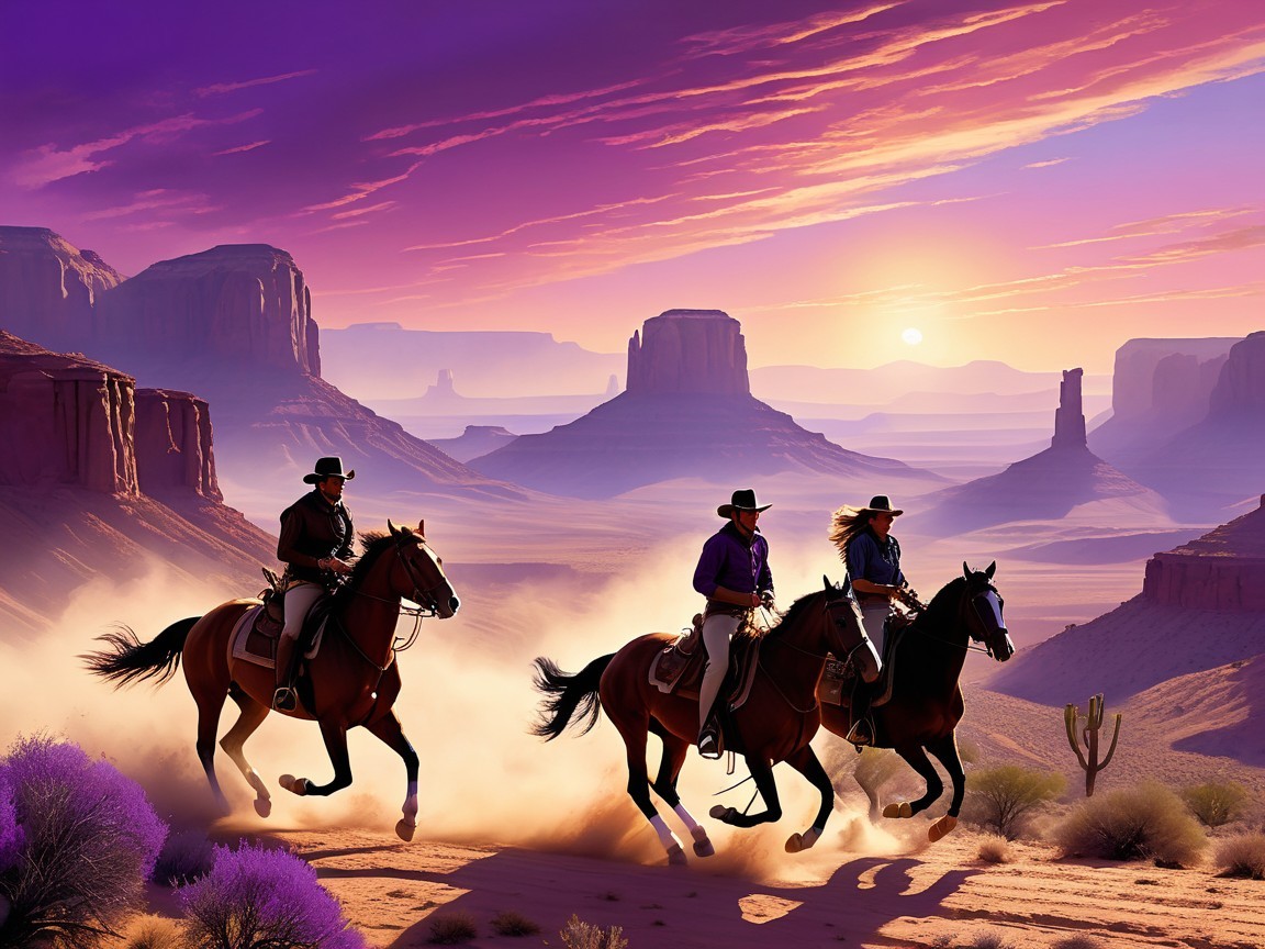 Vibrant Sunset Over Cowboys in Dusty Landscape