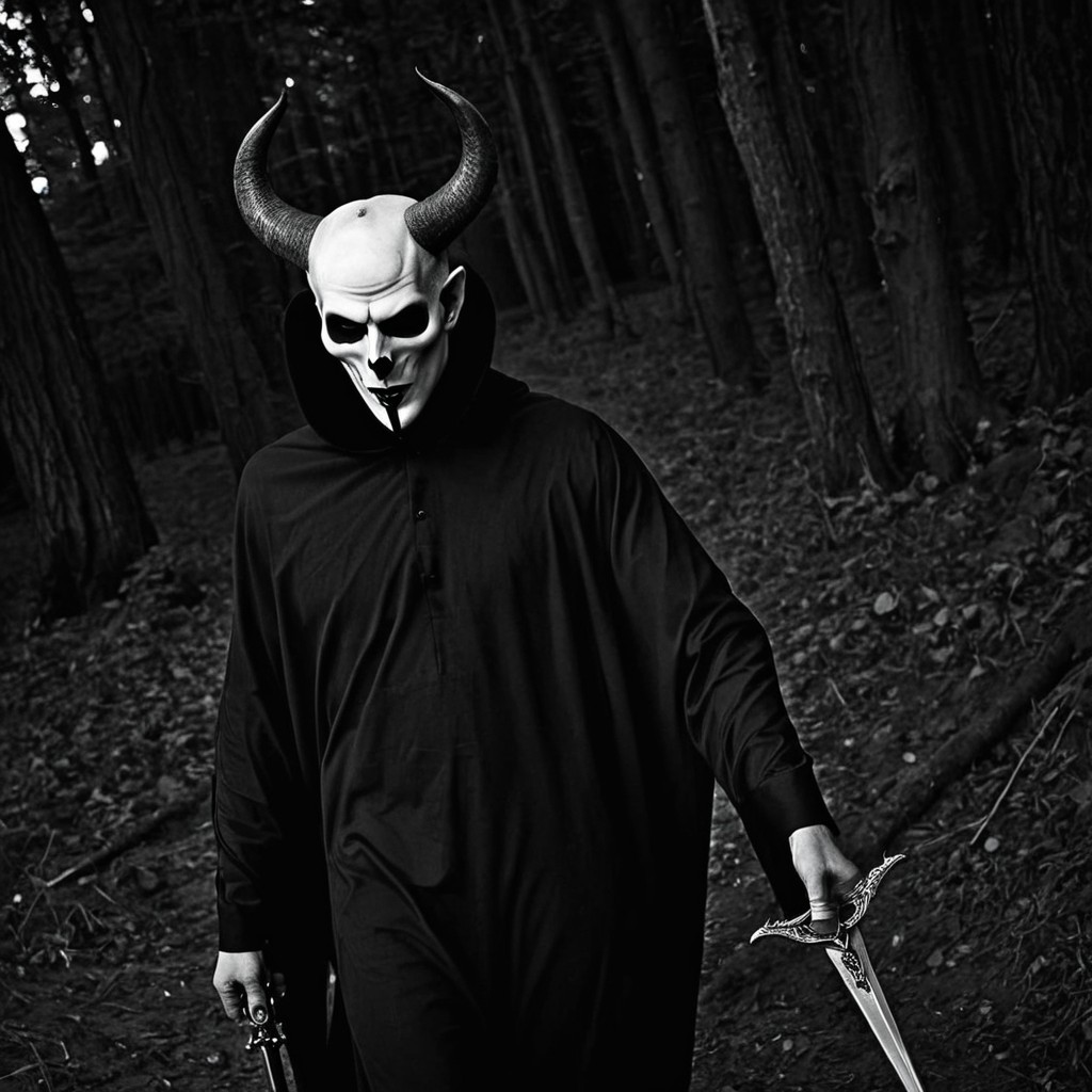 Cloaked Figure with Skull Mask in Dark Forest Setting