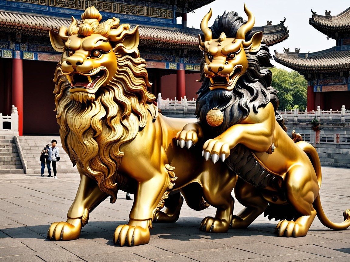 Golden guardian lions in traditional architectural setting