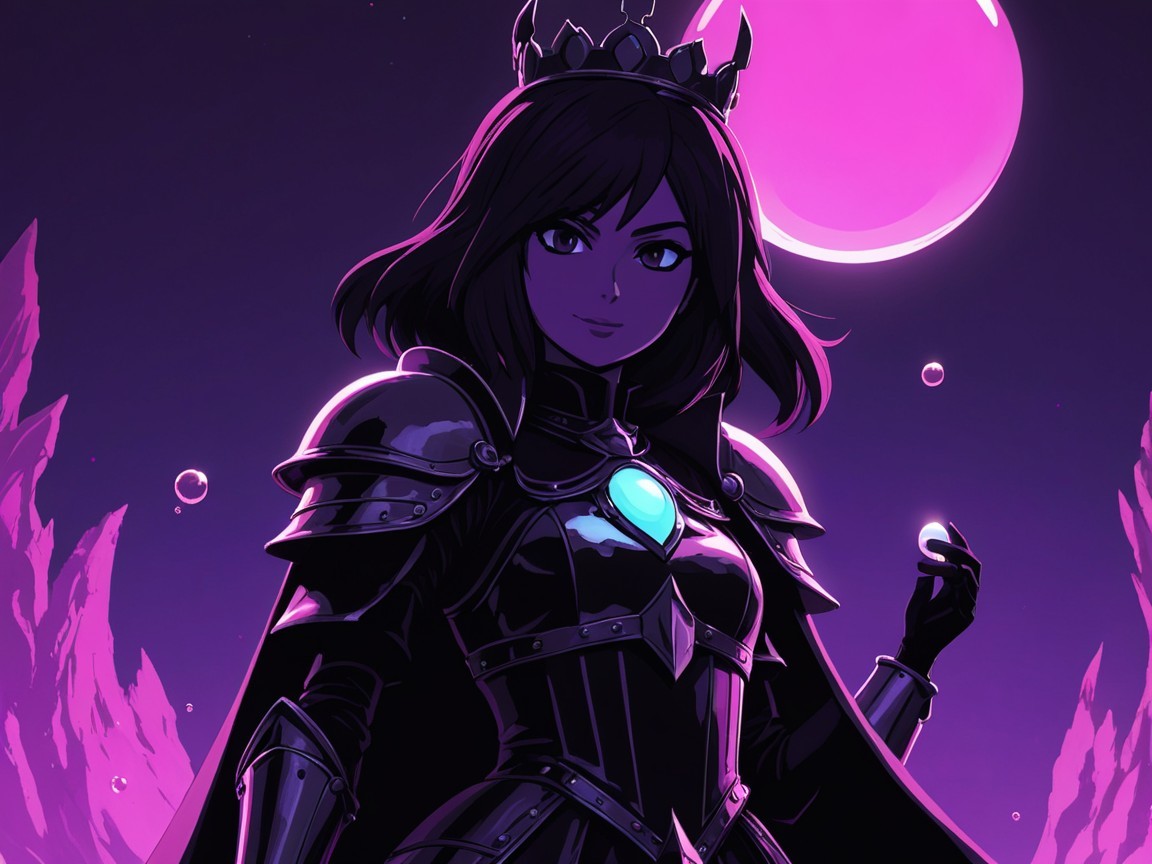 Confident female character in black armor at twilight