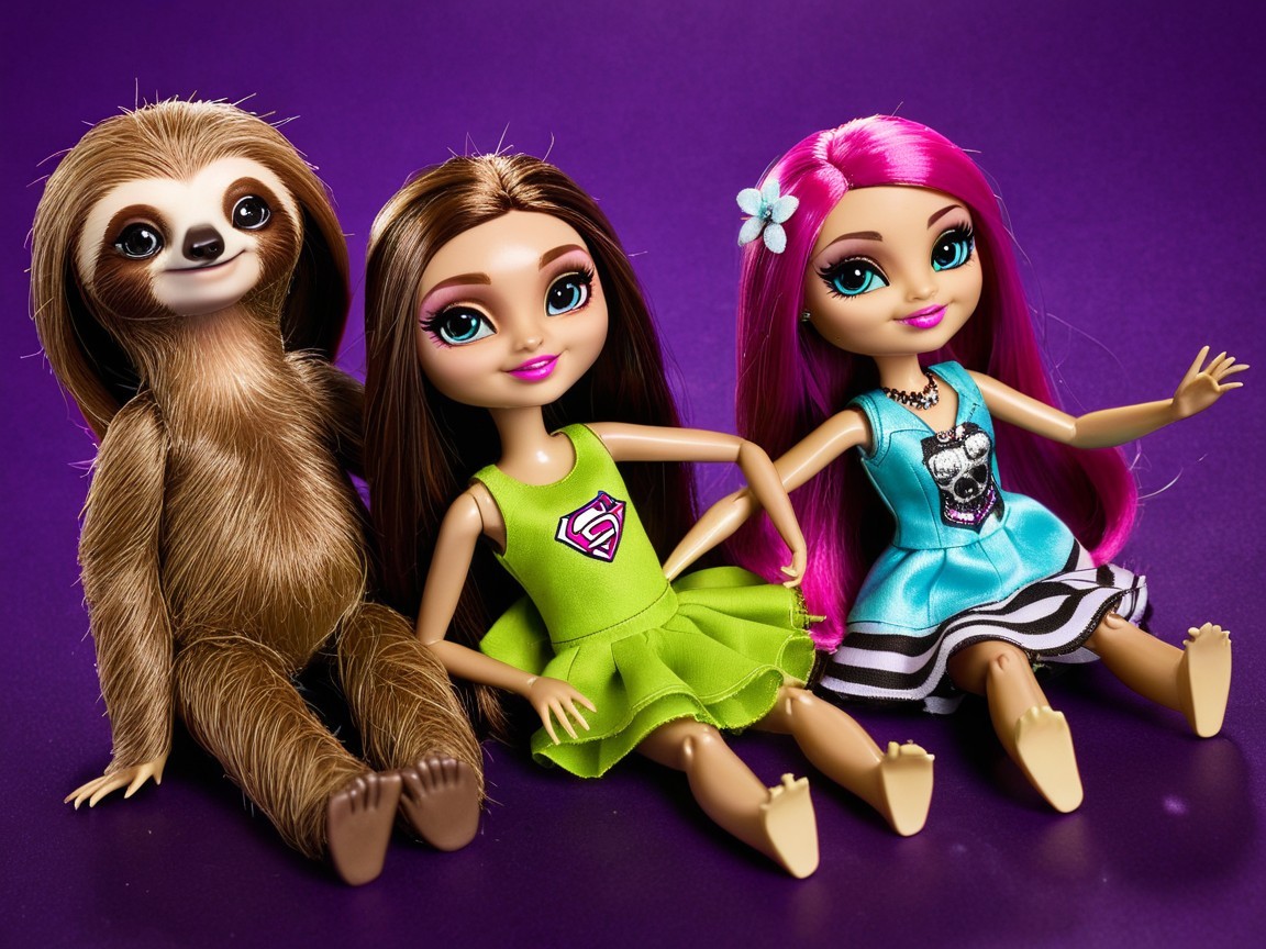 Colorful Dolls and Playful Sloth in Whimsical Scene