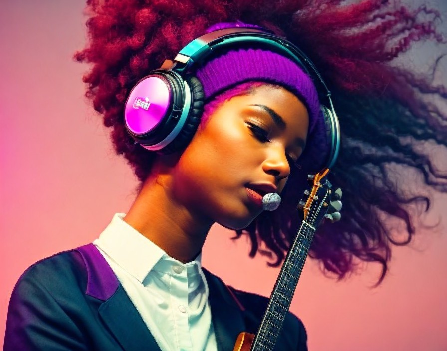 Young woman with purple hair and guitar in gradient background