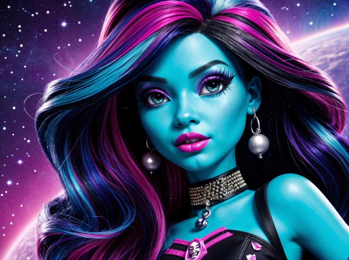 Vibrant Blue-Skinned Doll with Cosmic Theme